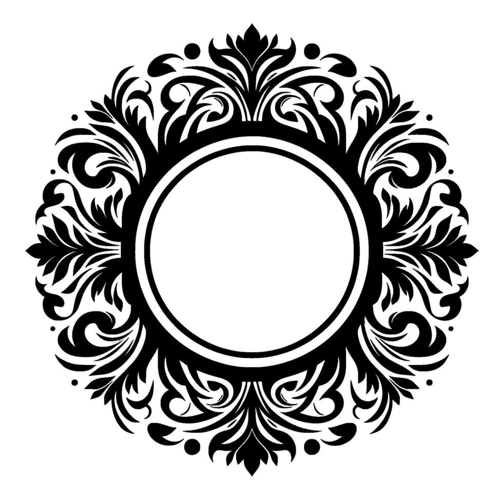Intricate Black and White Circular Floral with a Central Empty Circle, Featuring Ornate Swirls and Leafy Motifs on a Solid White Background. vector