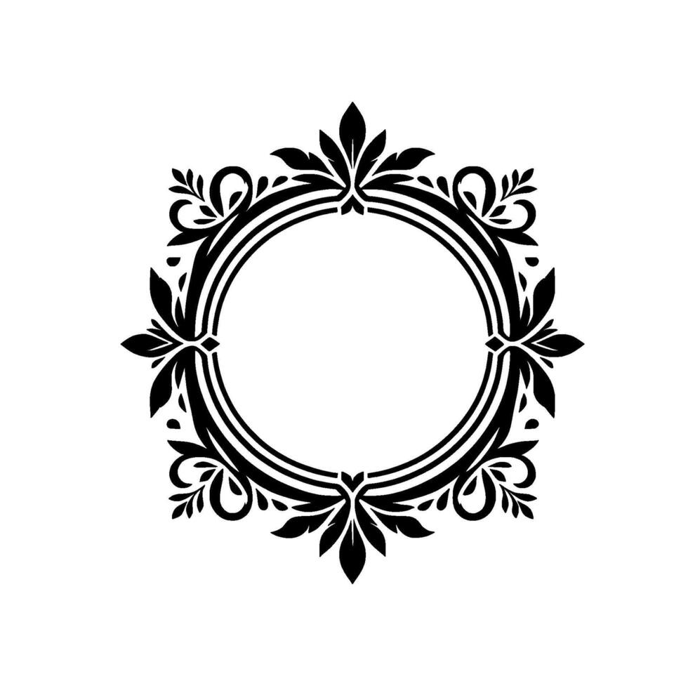 Ornate, symmetrical black floral frame with a circular center on a white background, perfect for elegant invitations or logos. vector
