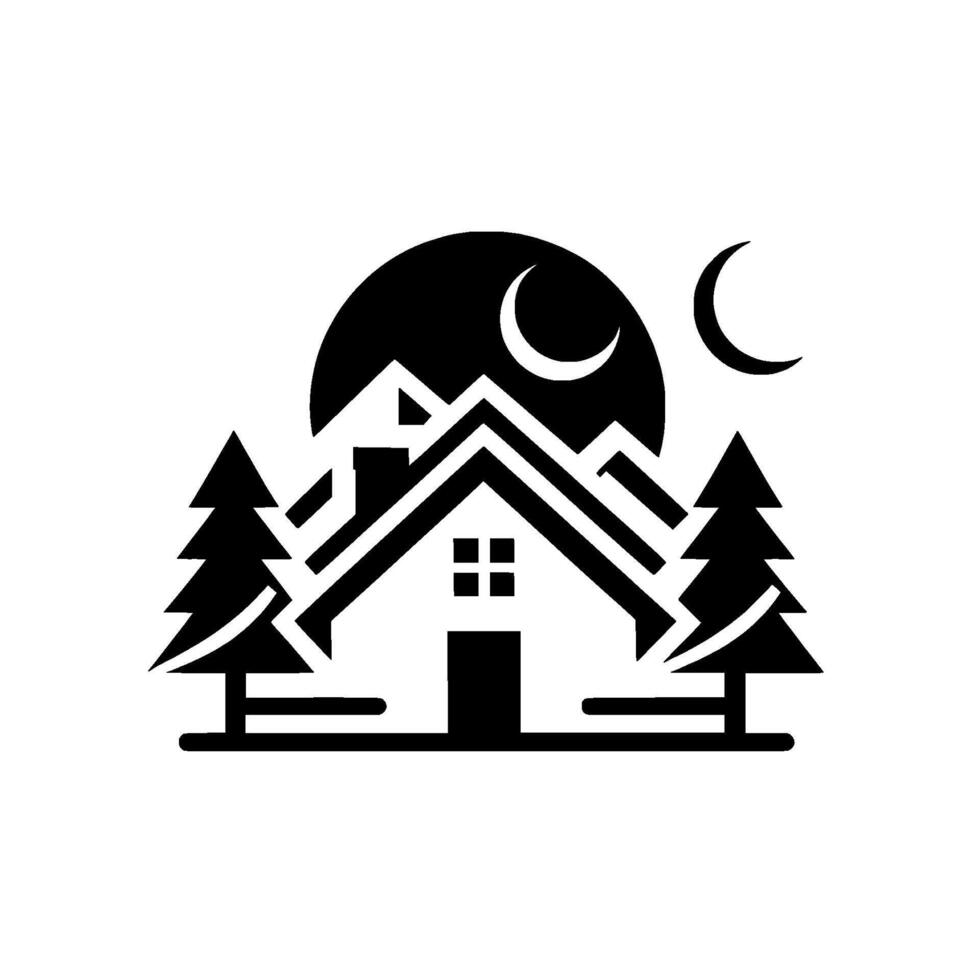 Serene grayscale showcasing a cabin home nestled amongst pine trees under a crescent moon and a stylized sunmountain backdrop, emphasizing tranquility and nature. vector