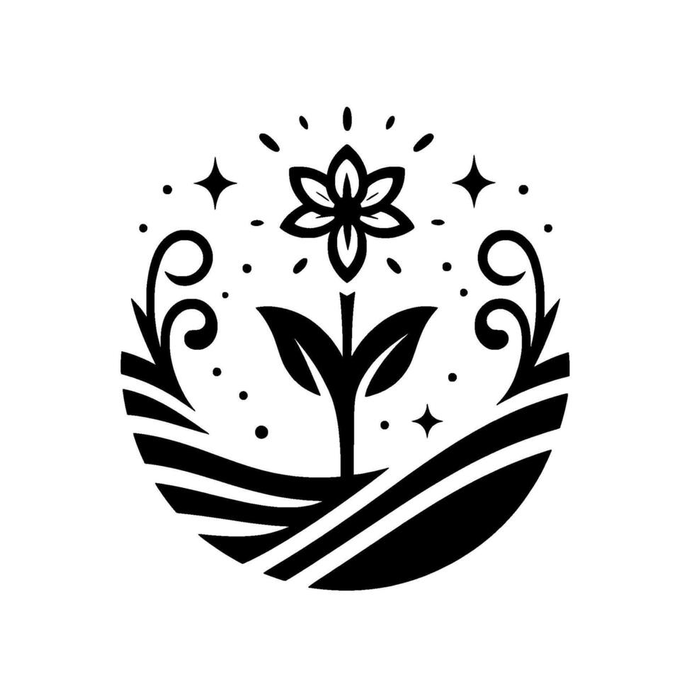 A radiant black and white floral emblem, blooming with delicate petals, surrounded by stylized flourishes, stars, and dots, representing growth and natures beauty within a circular . vector
