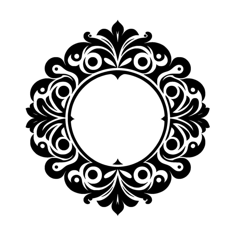 Intricate Black and White Circular Floral Ornament A Symmetrical, Elegant with a Blank Inner Circle, Perfect for Logos or Emblems. vector