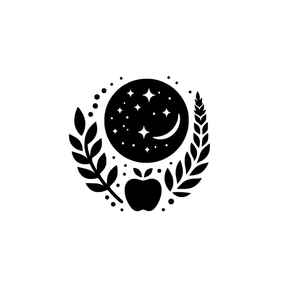 A stylized black and white featuring a celestial orb with stars and a crescent moon, surrounded by laurel branches, and an apple. vector