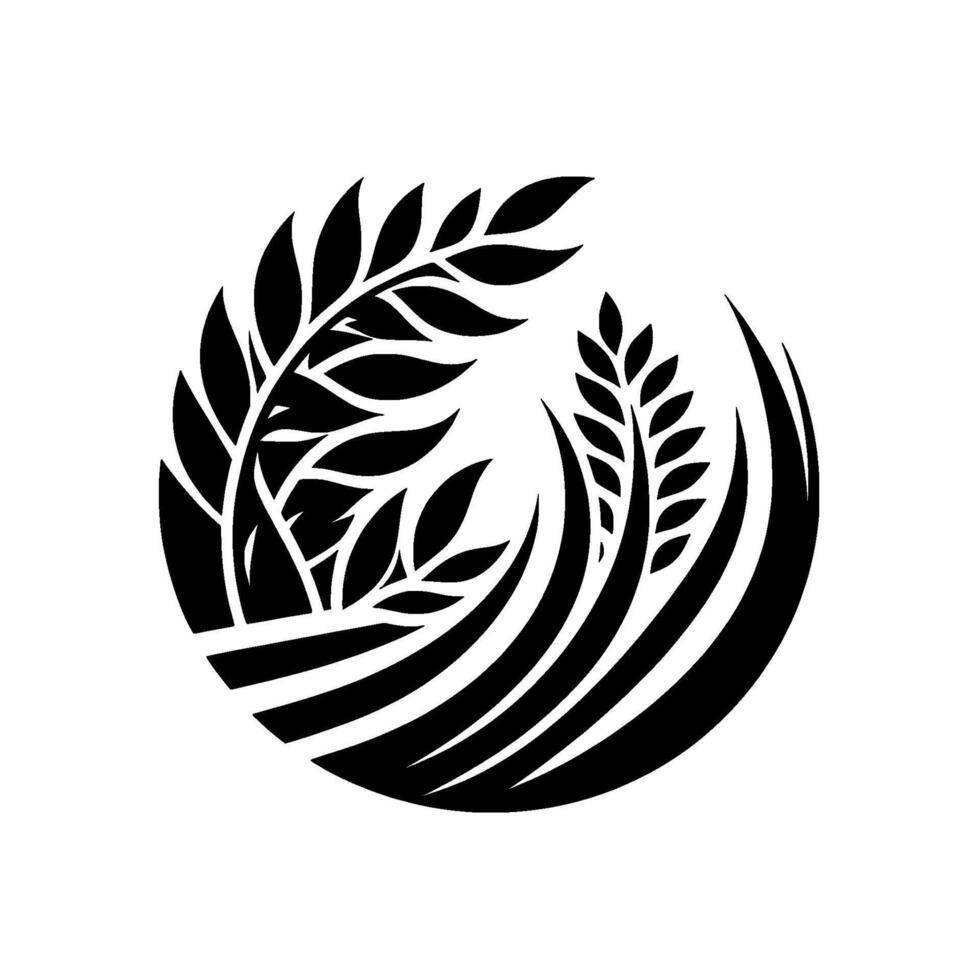 A minimalist, circular emblem featuring stylized wheat stalks and blades of grass, rendered in black and white, evoking simplicity and harvest. vector