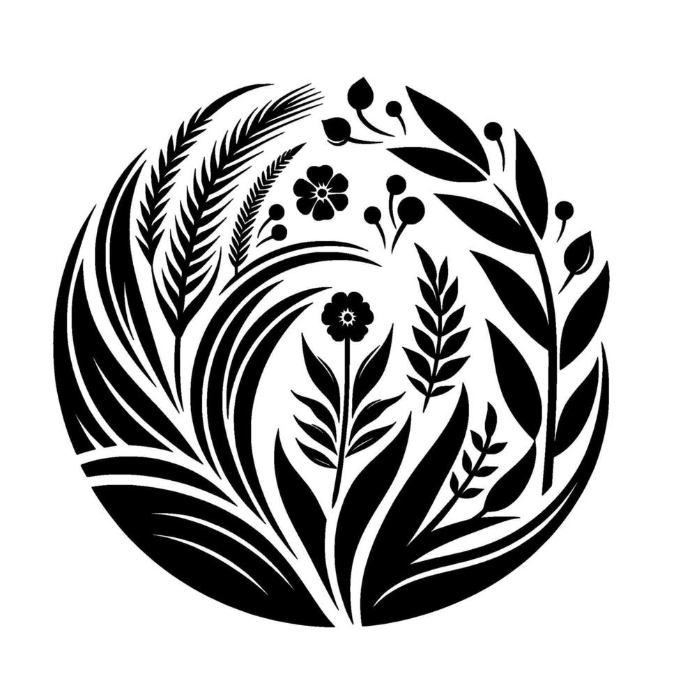 Intricate Black and White Floral Arrangement, Enclosed Within a Circular Frame, Featuring Delicate Leaves, Blossoms, and Berries. vector