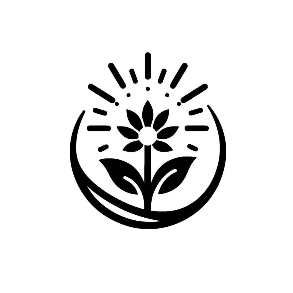 Black and white minimalist stylized daisy flower with emanating rays, nestled within a crescent, symbolizing growth. vector