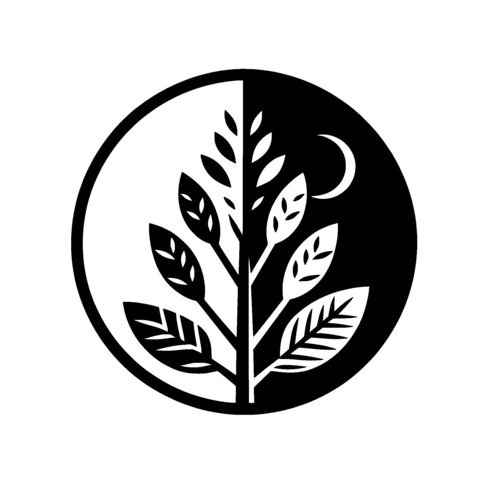 Yin YangInspired Monochromatic Symbol Featuring Tree Branch With Leaves, Crescent Moon, and Divided Circle, Emphasizing Balance. vector