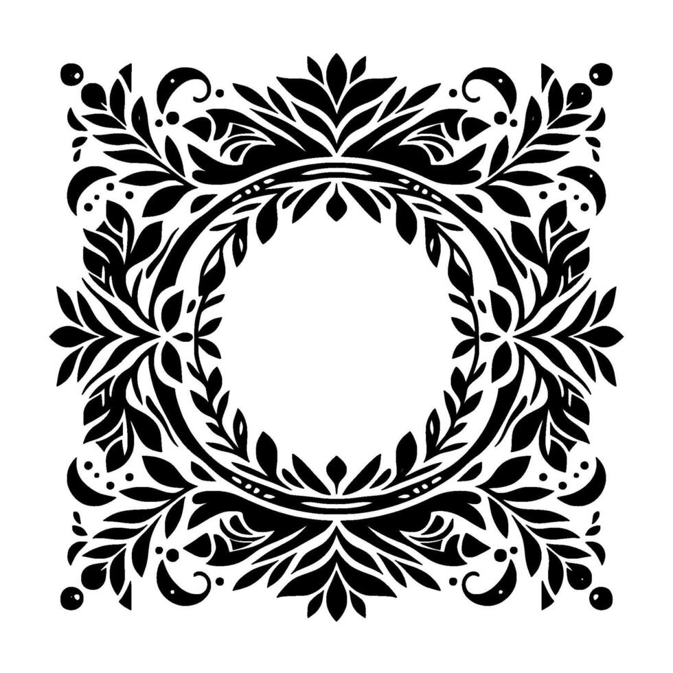 Intricate monochrome floral border with a circular void, featuring stylized leaves and curls, creating a symmetrical, ornamental pattern on a white background. vector