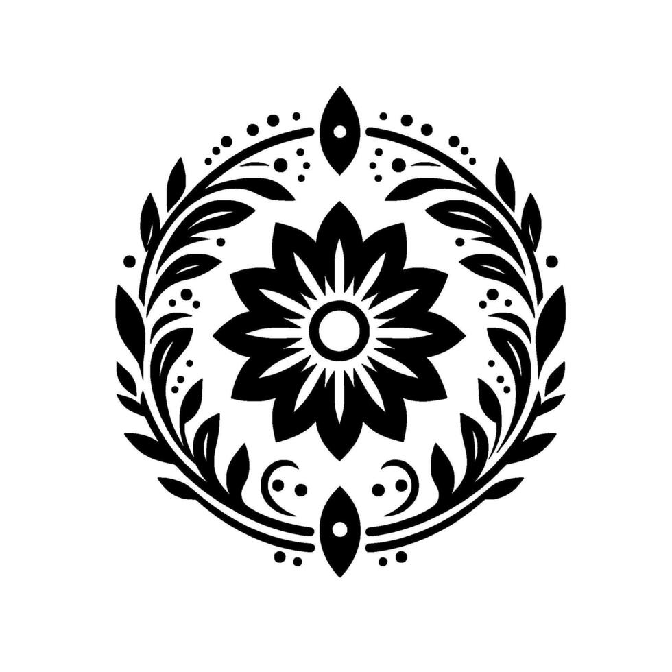 Intricate Black and White Floral Mandala with a Central Flower, Leafy Wreath, and Dot Accents, on a White Background. vector