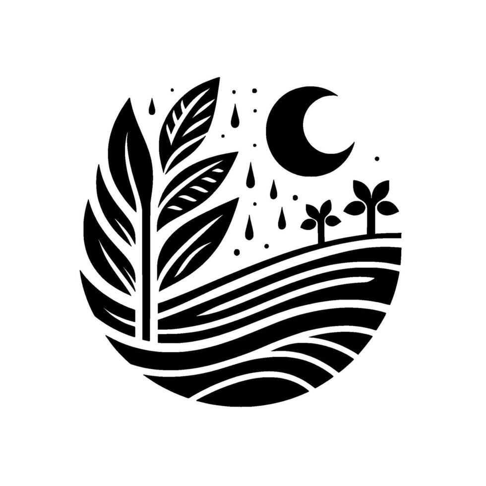 A minimalist, circular black and white illustration depicting a plant with large leaves, rainfall, two small trees on a gently sloping landscape, and a crescent moon, evoking peace. vector
