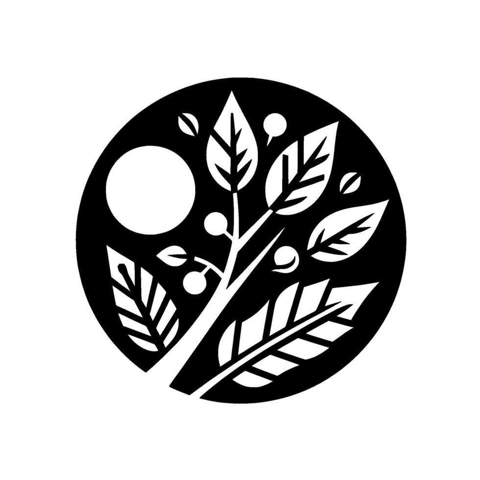 Black and white minimalist nature illustration showcasing a stylized tree with leaves, berries, and a circular sun or moon, enclosed within a circular frame. vector