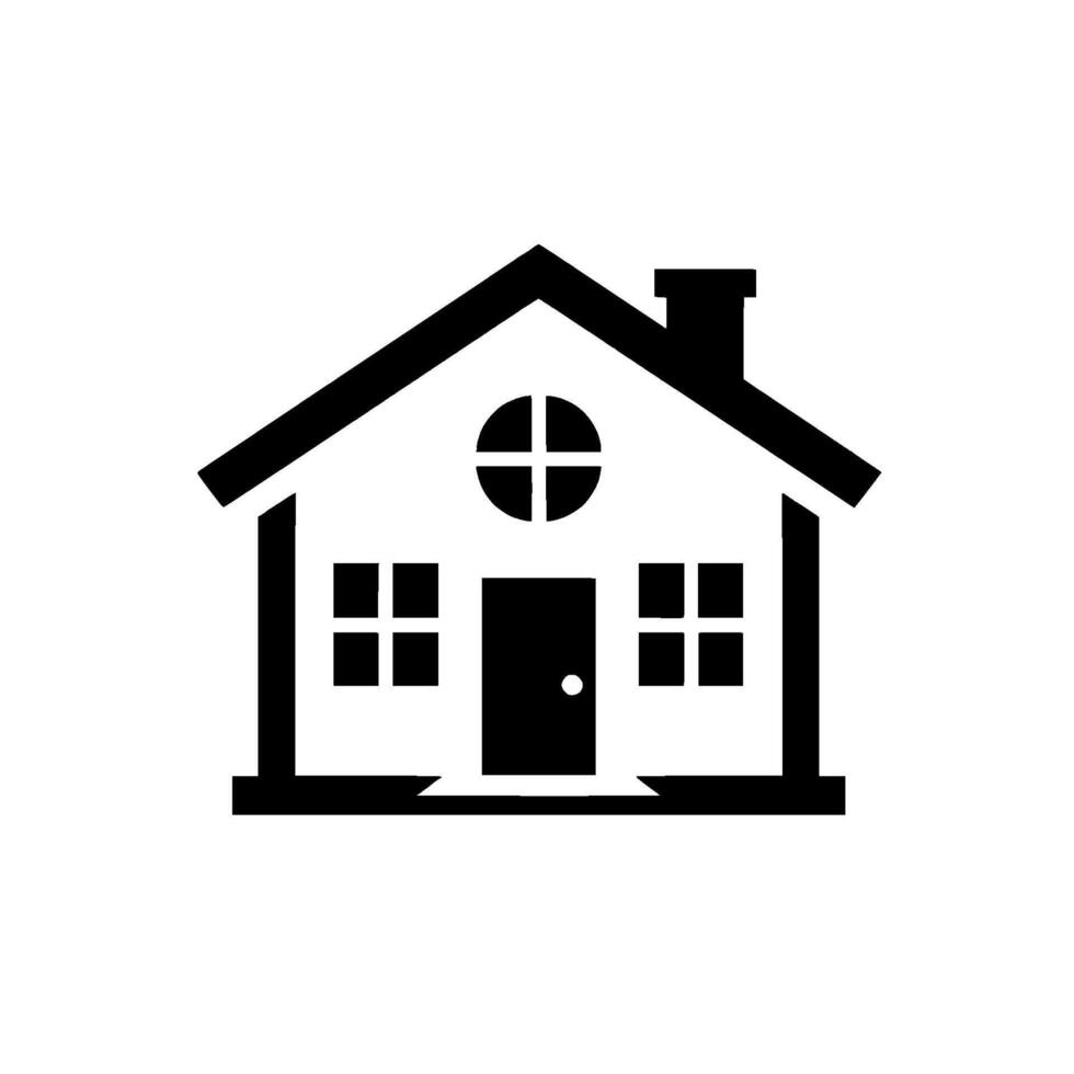 Clean, Geometric Black and White House with Chimney, Door, Windows, and Rounded Window Detail. Simple and Modern. vector
