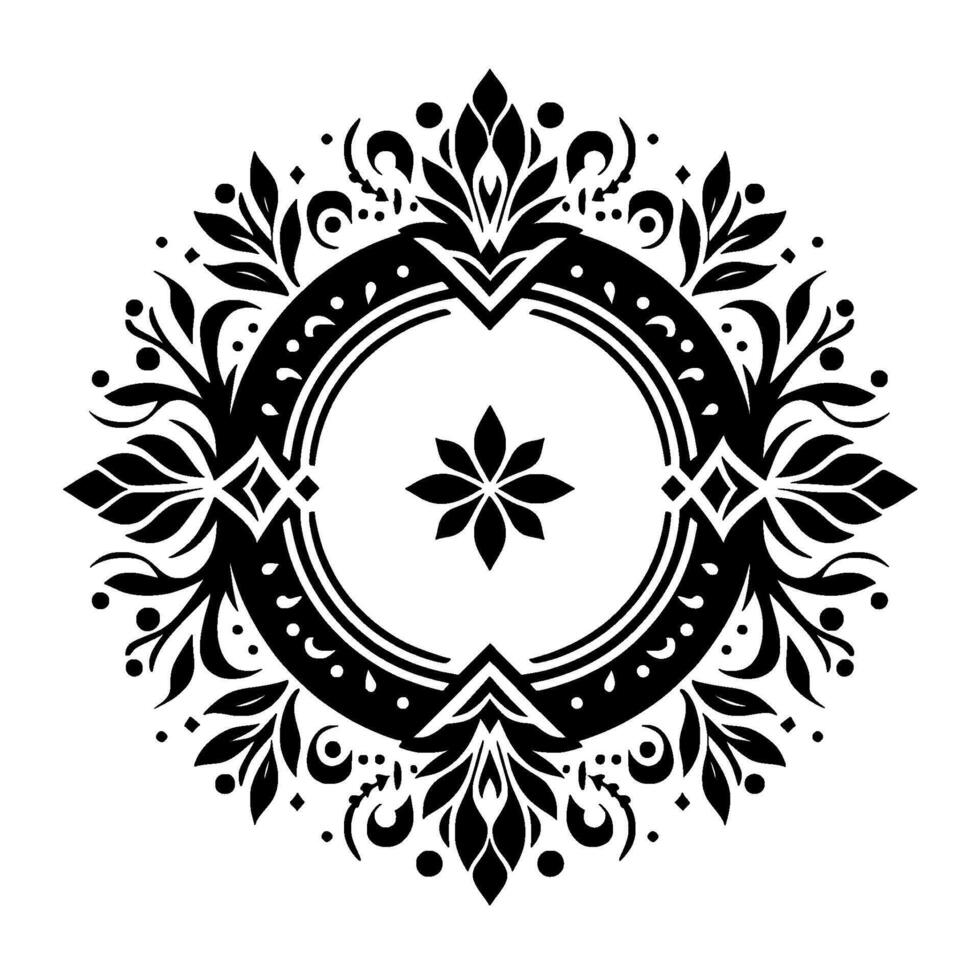Intricate Black and White Circular Floral Mandala Geometric with floral elements, dots, and leaf details. vector