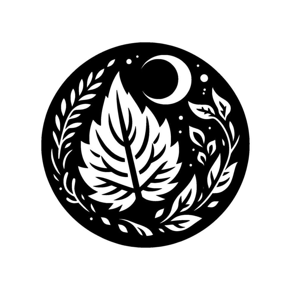 A stylized circular black and white illustration of a large leaf surrounded by foliage and a crescent moon, evoking a sense of serene nature. vector