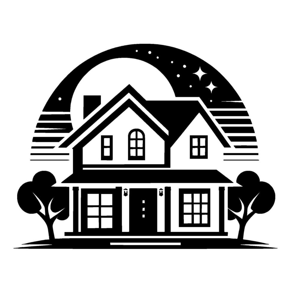 Stylized Black White Illustration of a TwoStory House Under a Night Sky with Trees, Depicting Serene Suburban Living. vector