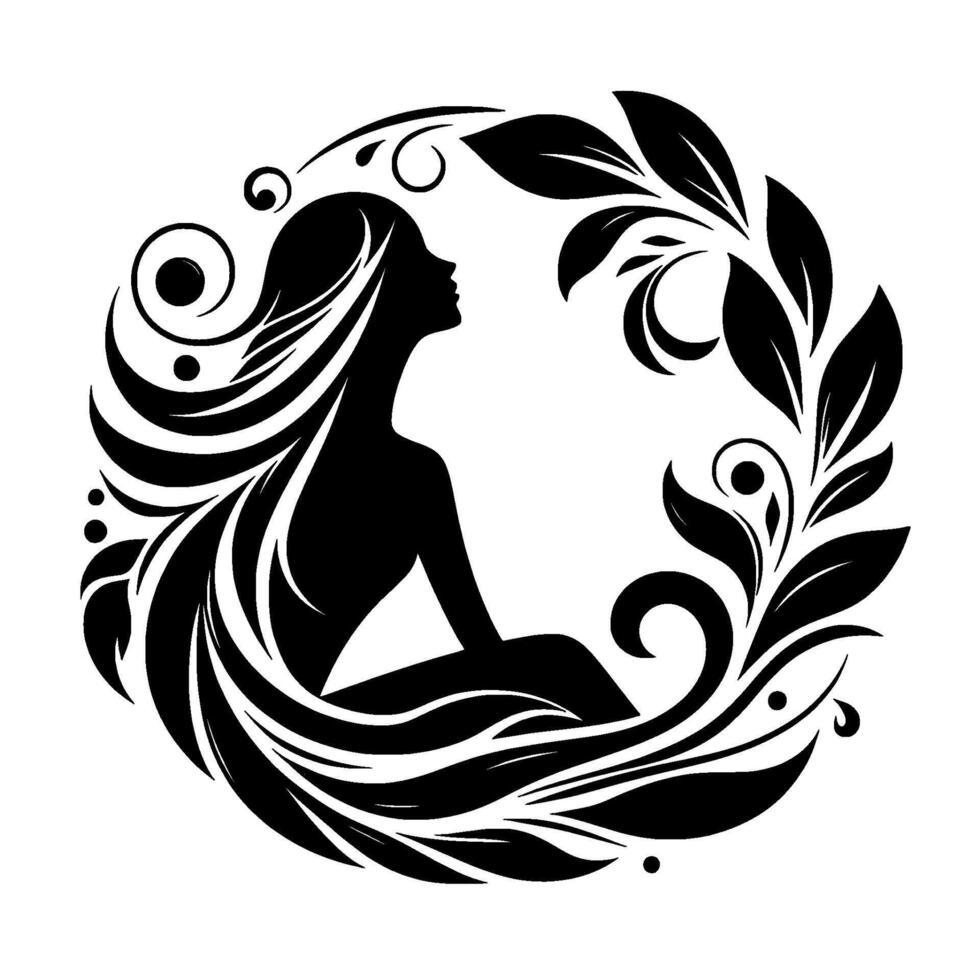 Elegant Silhouette of a Woman Encircled by Organic Flourishes, a Black and White Illustration of Nature and Femininity. vector