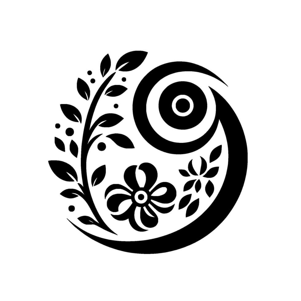 Elegant YinYang Floral Composition Black White Circular Featuring Leaves, Blossoms, and Geometric Harmony. vector