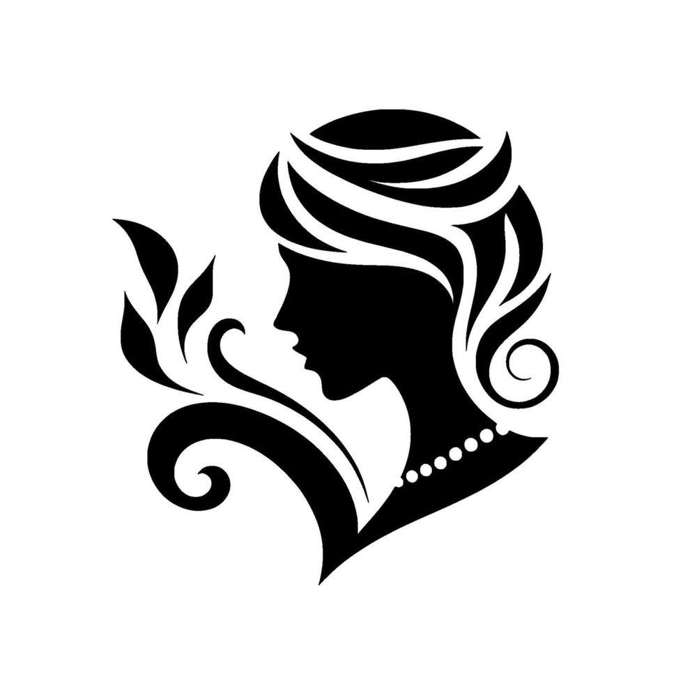 Elegant black silhouette of a woman in profile, adorned with flowing hair and a pearl necklace, contrasted against a clean white background and stylized floral accent. vector