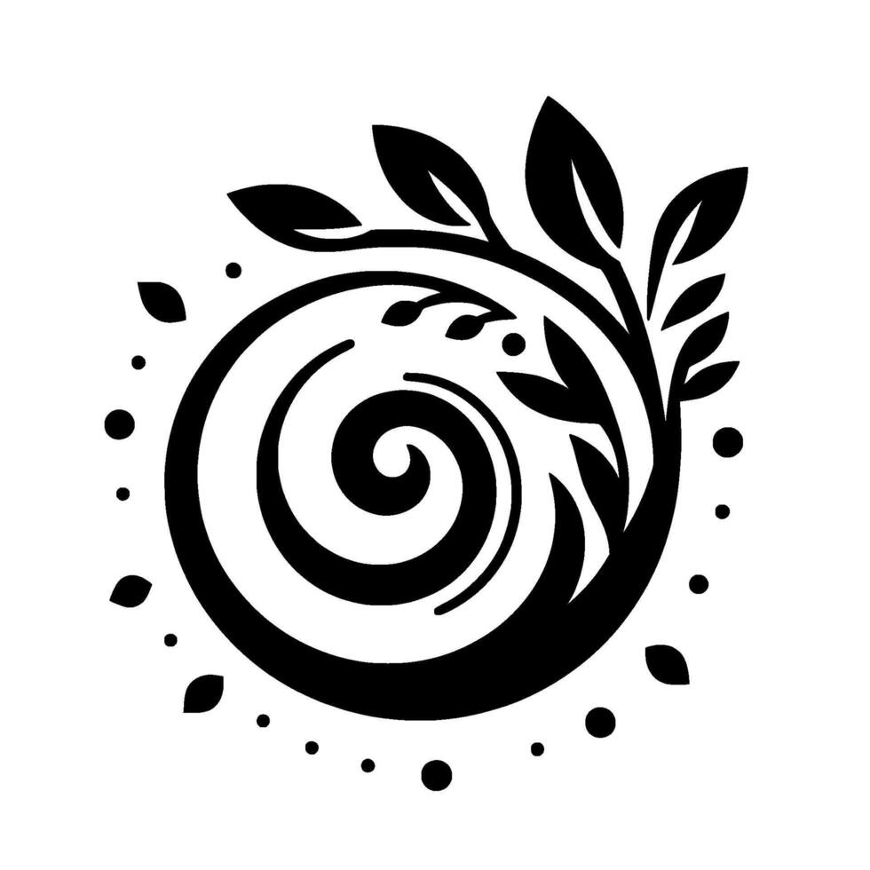 A stylized, symmetrical black and white featuring a spiral element intertwined with leafy branches and scattered dots on a clean white background. vector