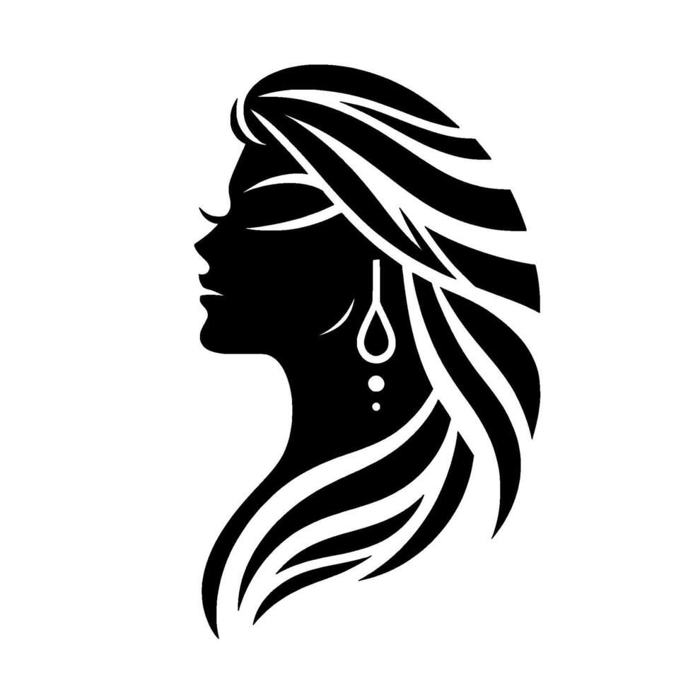 Elegant Silhouette A Side Profile of a Woman with Flowing Hair and Ornate Earrings, Presented in Bold Black and White vector