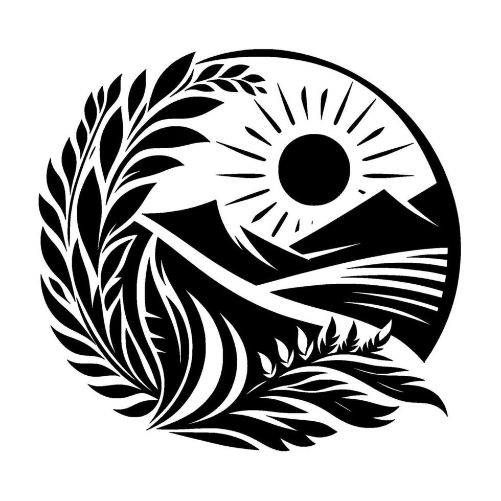 Intricate black and white circular featuring stylized mountains, sun, and foliage, conveying a sense of natures harmony. vector