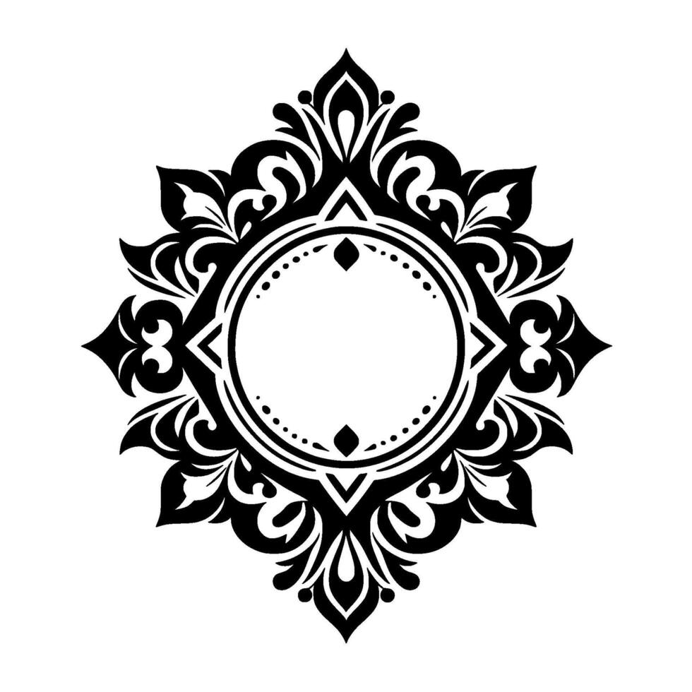 Ornate Black and White Decorative Frame Symmetrical Floral , Blank Center Circle for TextImages, Elegant, Isolated on White Background. vector