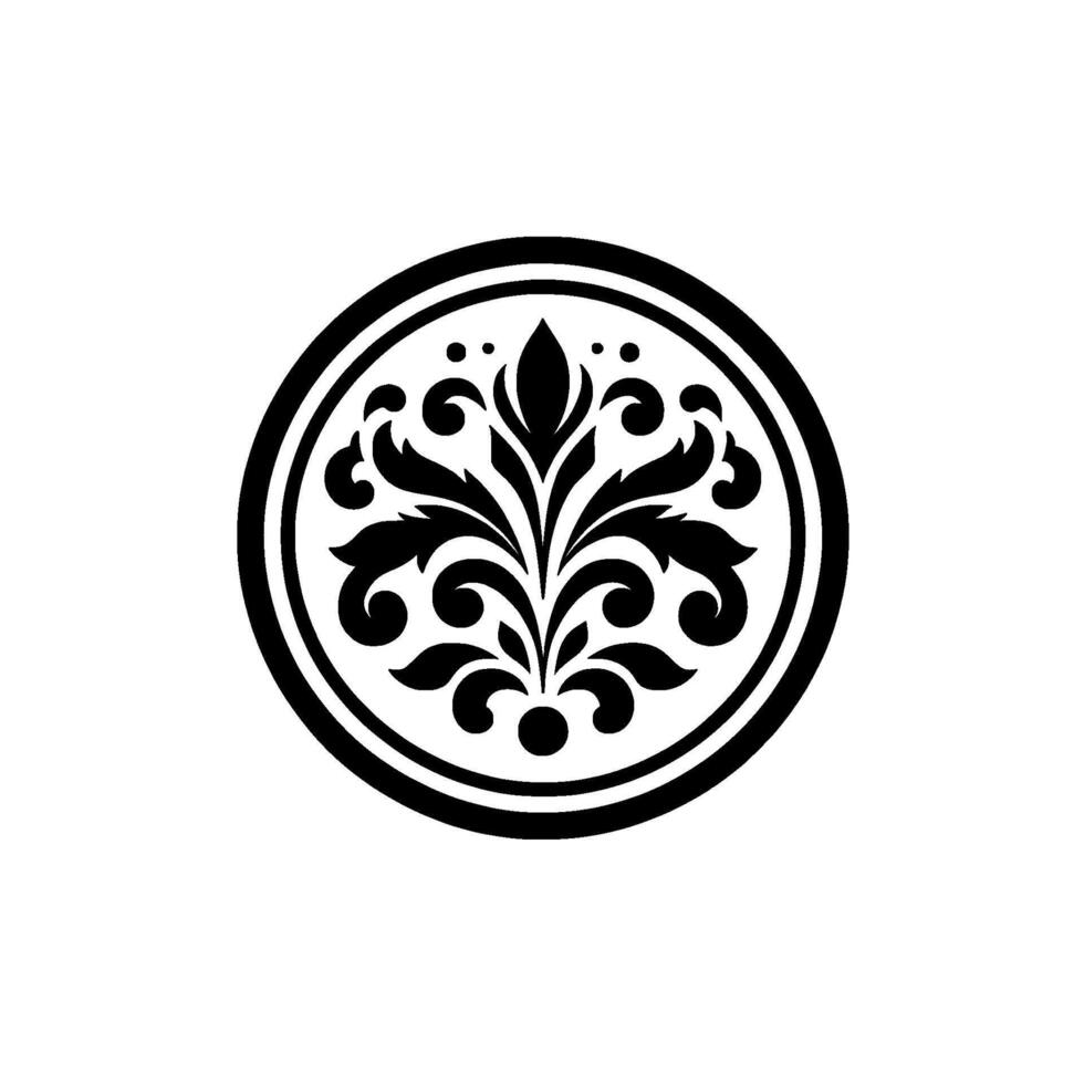 Symmetrical black and white floral in a circular frame, evoking classic elegance and timeless appeal with stylized flourishes and leaf motifs. vector