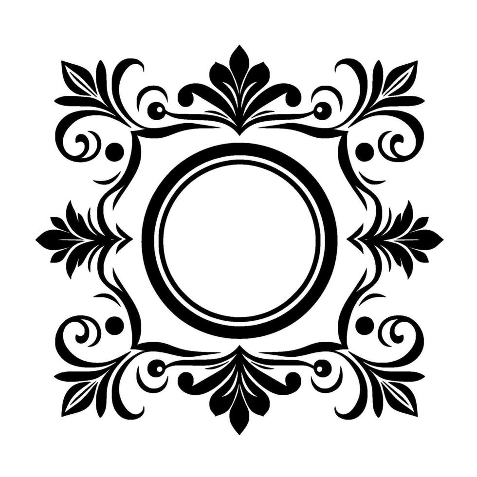 A symmetrical monochrome , featuring a central circular frame, adorned with intricate, stylized floral and foliate elements, creating a decorative, elegant composition. vector