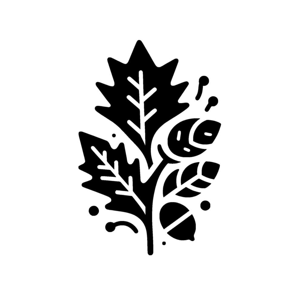 Silhouette of Oak Foliage A minimalist black and white botanical illustration featuring oak leaves, acorns, and berries against a stark white backdrop. vector