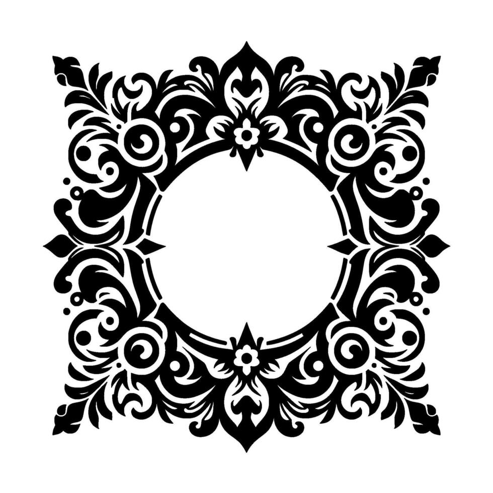 Elegant Black and White Ornamental Circular Frame with Detailed Floral and Curvilinear Elements, Symmetrical and Decorative, Suitable for Invitations or Logos. vector