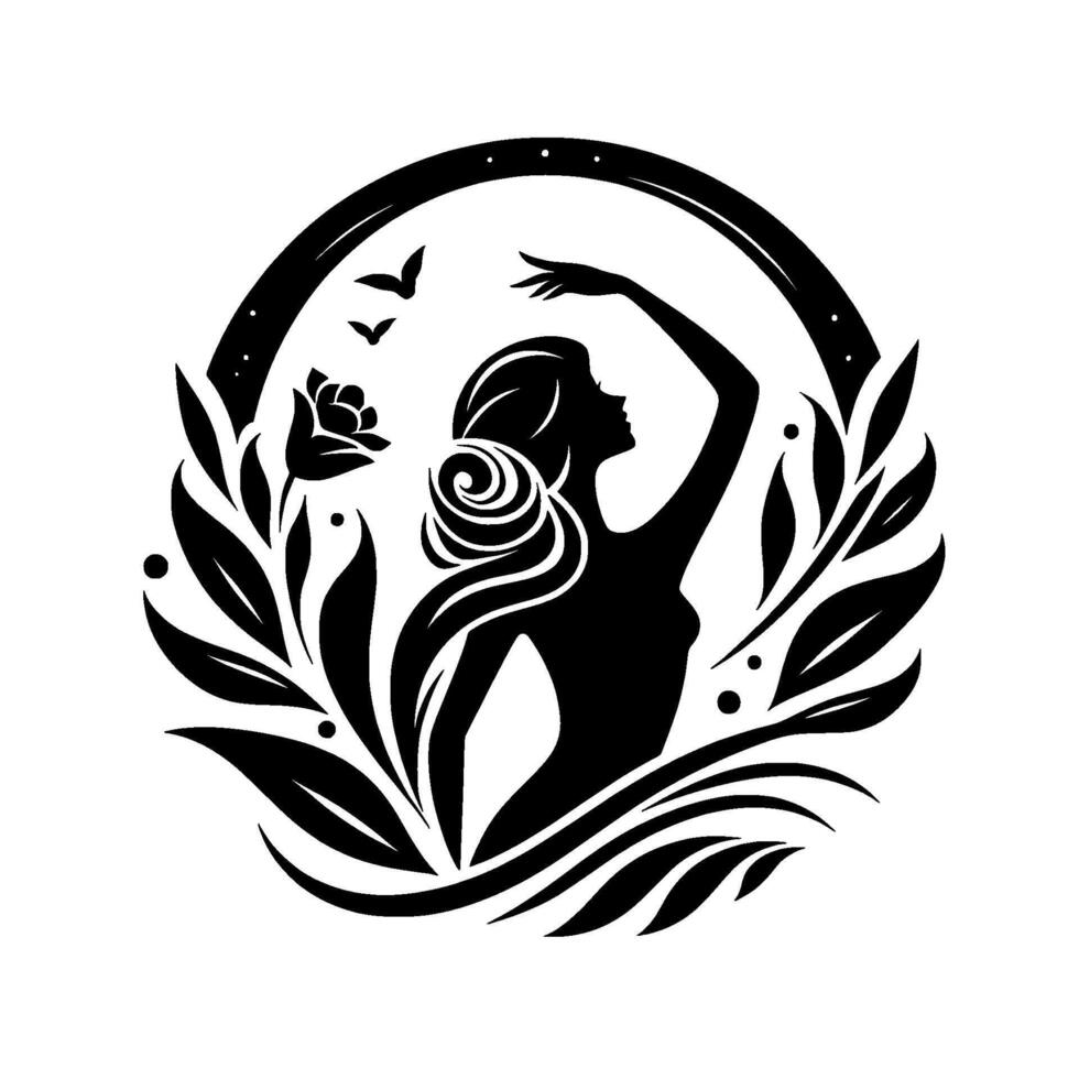 A stylized black silhouette of a graceful woman reaching towards the night sky, encompassed by floral and natureinspired elements, radiating elegance. vector