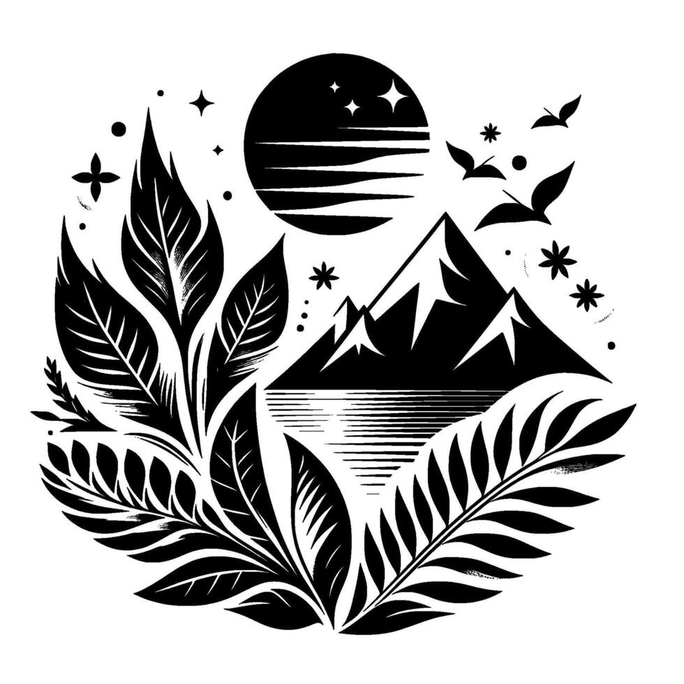 Black and White Nature Illustration Mountains, Foliage, Birds, and a Night Sky Composition in a Circular Arrangement. vector