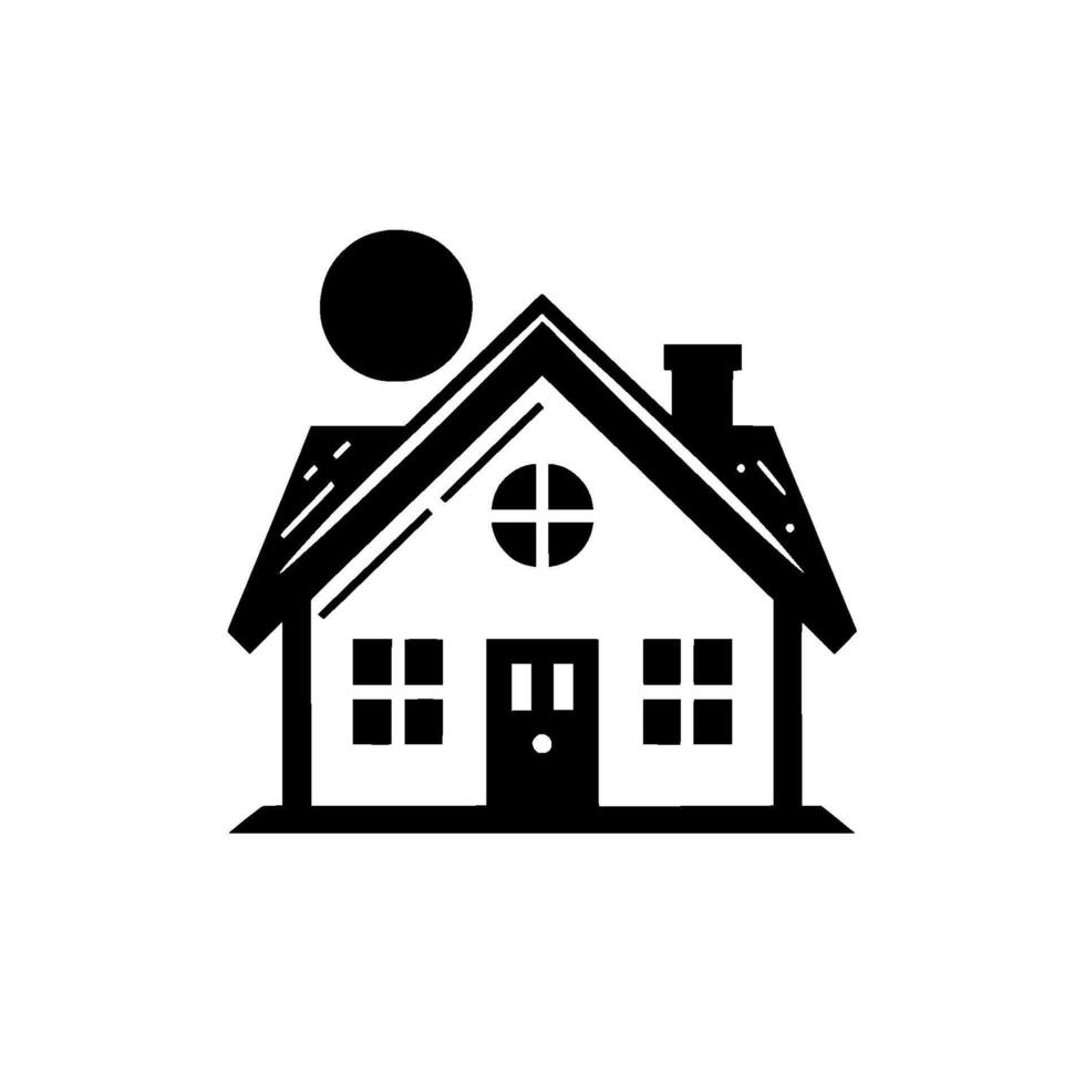 A minimalist, symmetrical black and white illustration of a house with a round window and a sun, evoking simplicity and comfort. vector