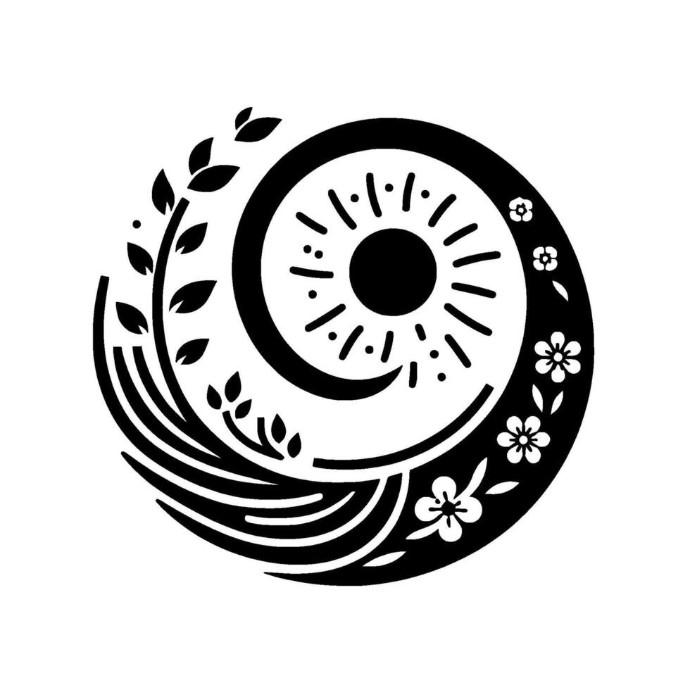 Stylized Black and White Circular Featuring a Sun, Moon, Floral Motifs, and Foliage, Evoking Harmony. vector