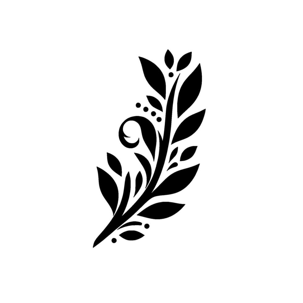 A bold, minimalist botanical illustration featuring a stylized black sprig with swirling accents, leaves and dots, set against a clean white background. vector