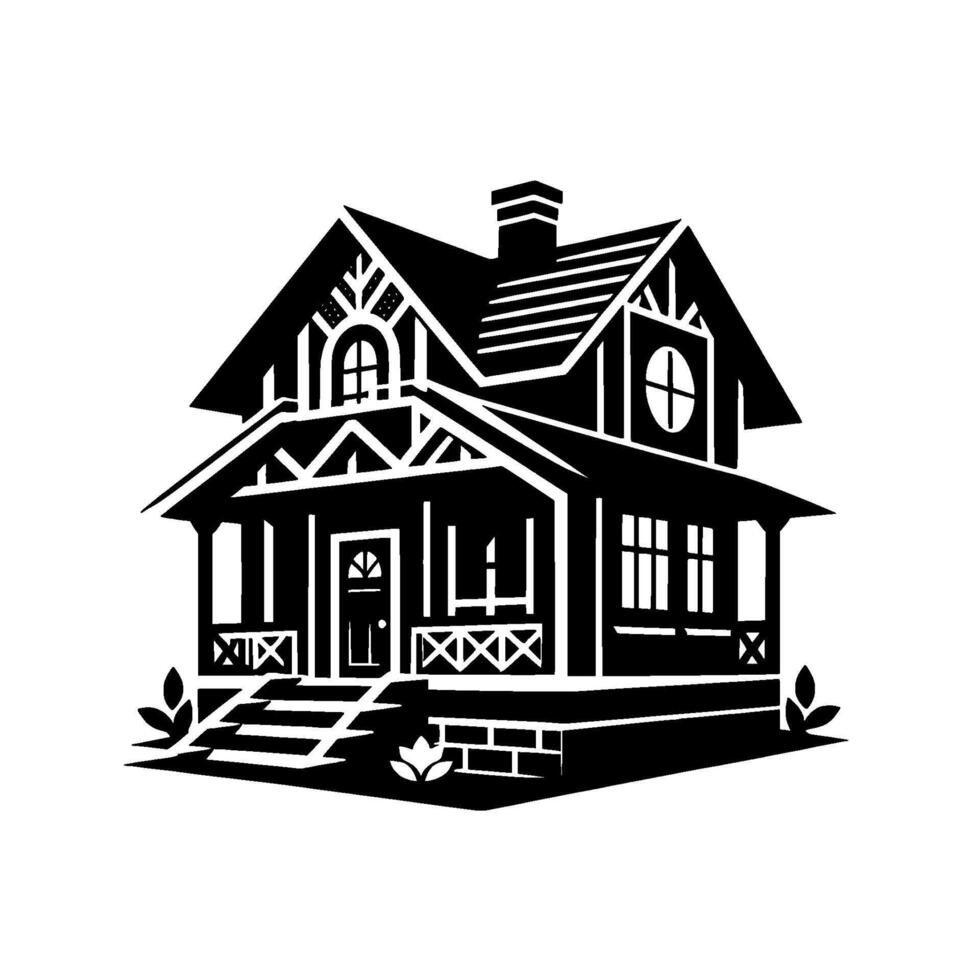 Stylized Black and White Illustration of a Classic American House with Porch, Gables, and Decorative Elements. vector