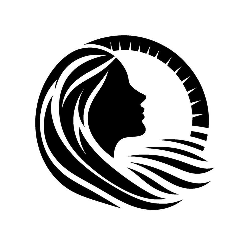Elegant silhouette of a woman in profile, hair flowing within a circular , accented by a stylized sun or crown, evoking grace and beauty. vector