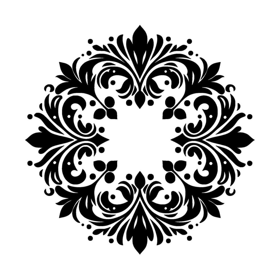Symmetrical Black and White Floral Intricate Circular Ornament with Leafy Sprays, Spirals, and Dot Accents. vector