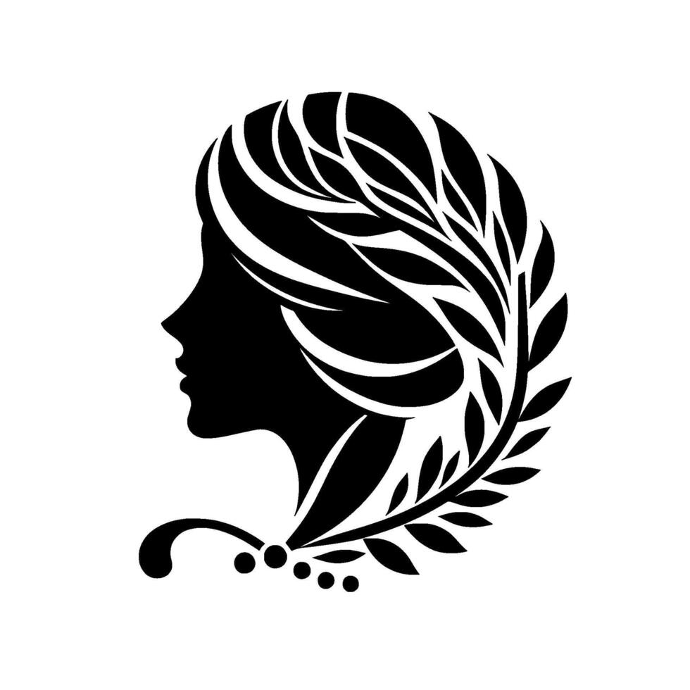 A stylized silhouette of a woman in profile, her flowing hair interwoven with a leafy branch, adorned with a necklace of small, spherical ornaments. vector