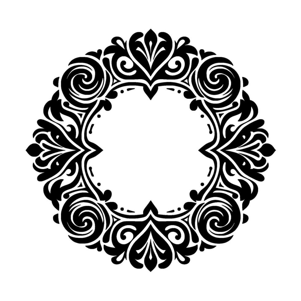 Intricate Black and White Ornamental Circular with Detailed Floral and Swirl Elements, Perfect for Frames or Decorative Accents. vector