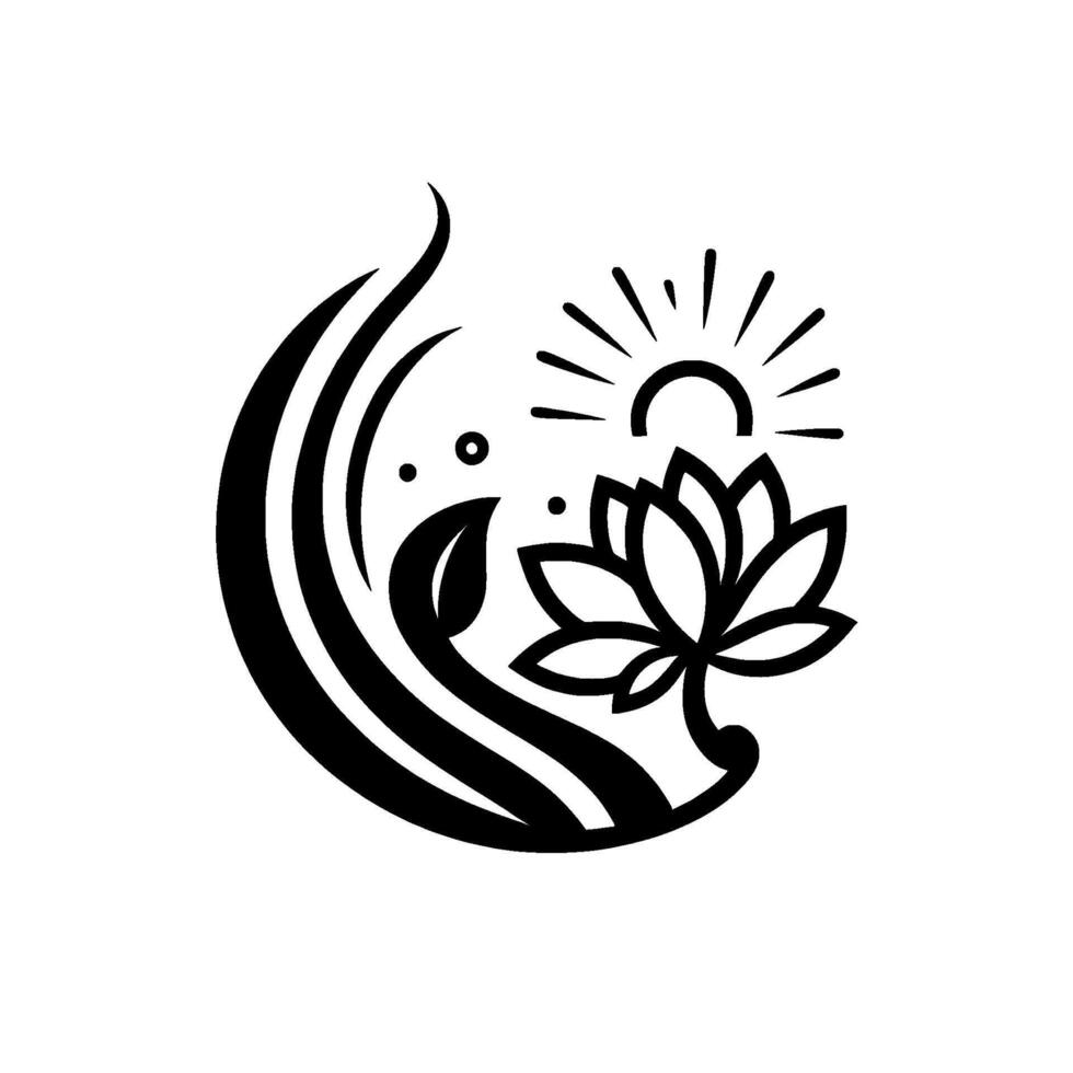 Serene Black and White Lotus Flower and Sunrise. Simple and elegant with flowing lines and natural elements, symbolizing purity and peace. vector