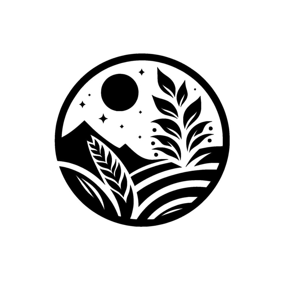Serene Nightscape A Monochrome Circular Illustration Depicting Mountains, Fields, Moon, Stars, and Botanical Elements. vector