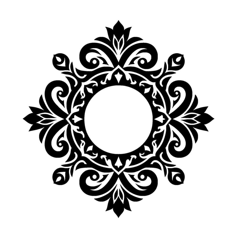 Elegant Black and White Floral Frame with a Central Circle and Intricate, Symmetrical Details for Decorative Use. vector