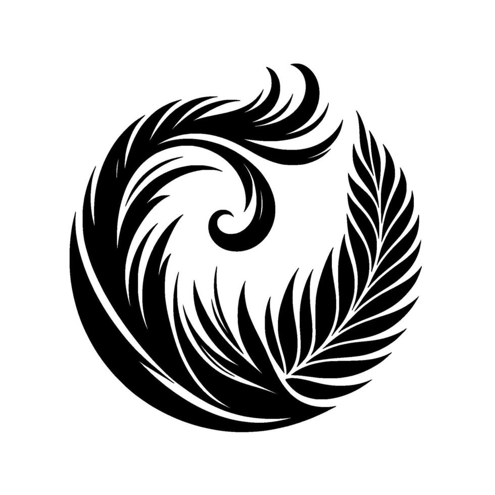 Monochrome abstract circular featuring swirling featherlike elements and a symmetrical arrangement on a crisp white backdrop. vector