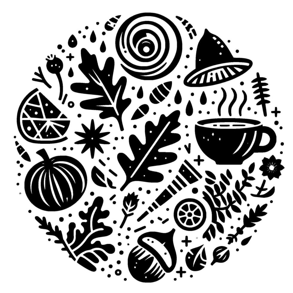 Whimsical Autumn Circle Monochrome illustration of fall harvest elements, warm beverage, and natural motifs. vector