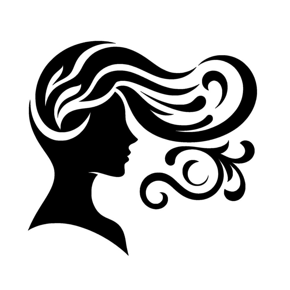 Elegant Silhouette of a Woman with Flowing, Ornate Hair in Black on White, Evoking Beauty and Grace with Swirling vector