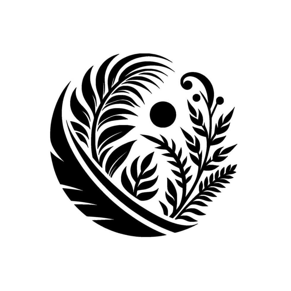 Elegant Black White Floral Mandala A stylized circular featuring leaves, branches, and a central dot, symbolizing harmony. vector
