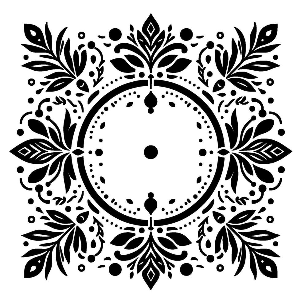 Intricate symmetrical black and white floral with a central circle and dotted details, offering a stylized decorative pattern. vector