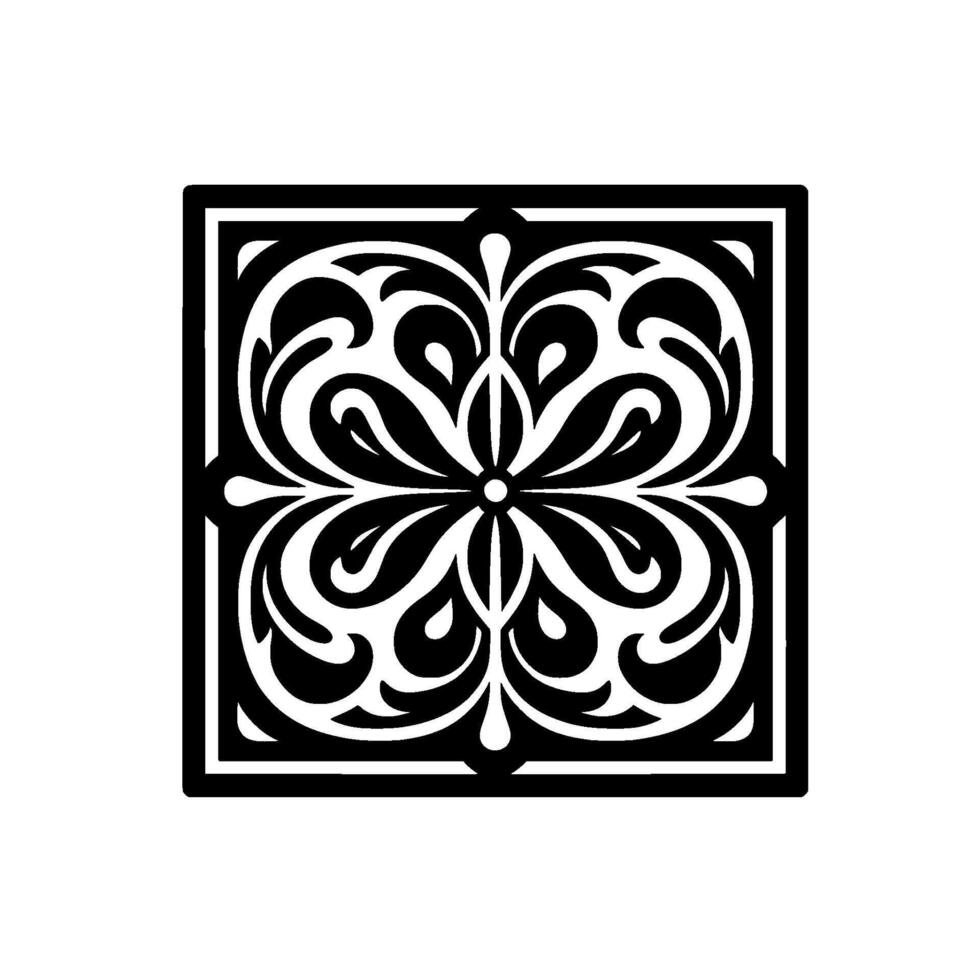 Symmetric Black and White Floral Pattern Inside a Square Frame on White Background. Decorative, stylized . vector