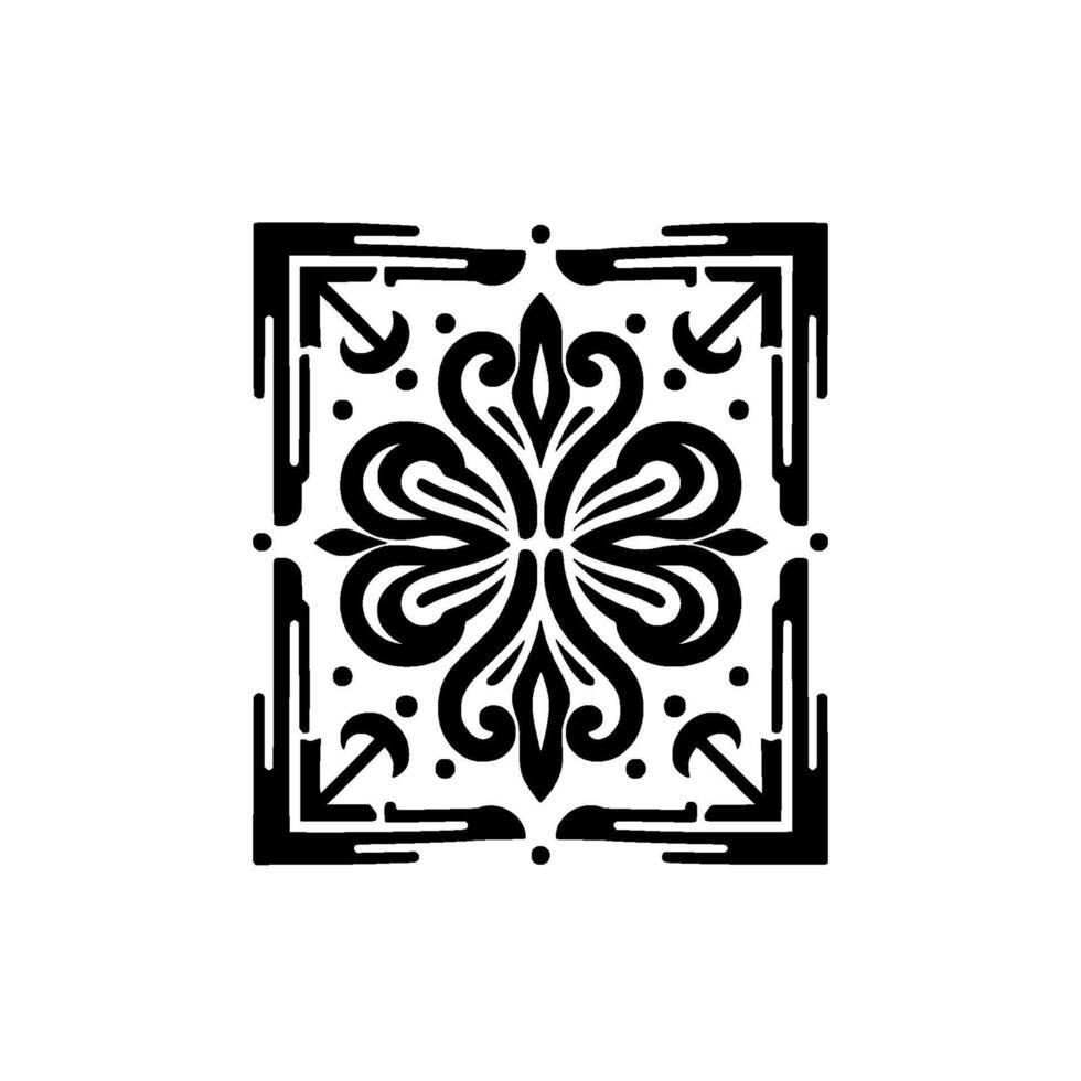 A symmetrical black and white floral , composed of swirling leaves and corner elements, set against a clean white backdrop. vector