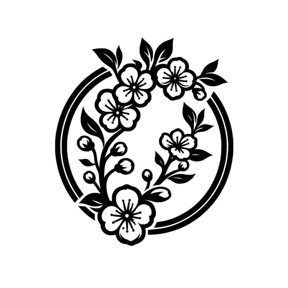 Elegant Black and White Floral Circle A symmetrical of blossoming flowers, leaves, and buds, contained within a doublelined circular frame. vector